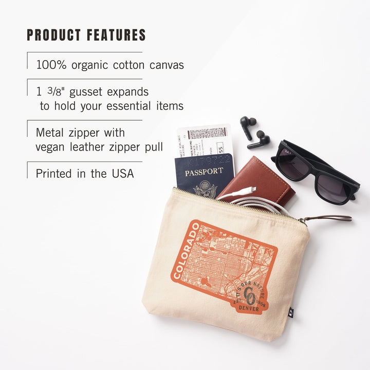 Denver, Colorado, Wayfinder Collection, State Shape Map,, Organic Cotton Zipper Pouch, Go Bag Go Bag Lantern Press 