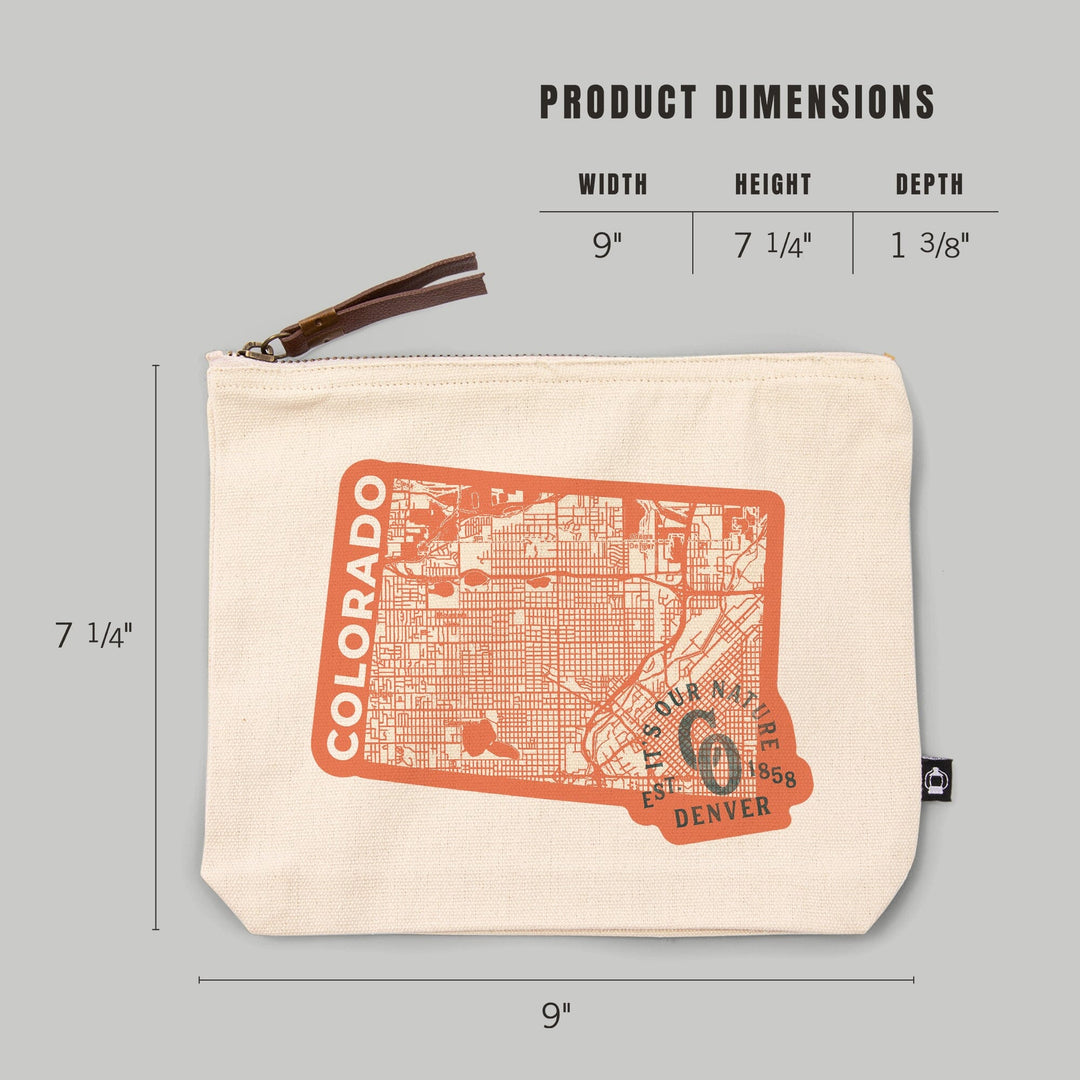 Denver, Colorado, Wayfinder Collection, State Shape Map,, Organic Cotton Zipper Pouch, Go Bag Go Bag Lantern Press 