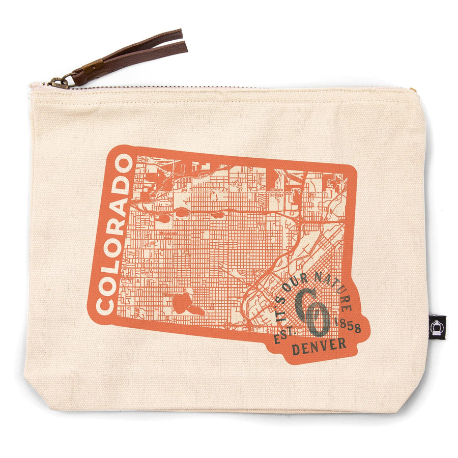 Denver, Colorado, Wayfinder Collection, State Shape Map,, Organic Cotton Zipper Pouch, Go Bag Go Bag Lantern Press 