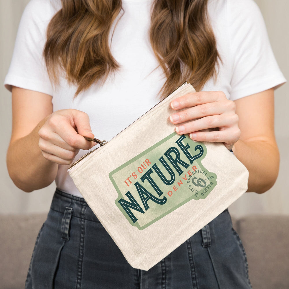 Denver, Colorado, Wayfinder, State Shape and Slogan, It's In Our Nature,, Organic Cotton Zipper Pouch, Go Bag Go Bag Lantern Press 