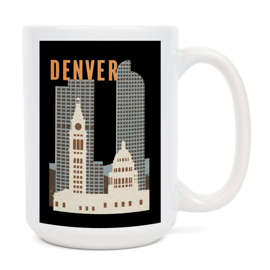 Denver, Colorado, Woodblock, Contour, Lantern Press Artwork, Ceramic Mug Mugs Lantern Press 