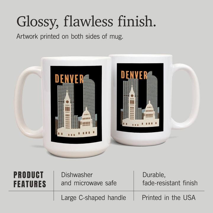 Denver, Colorado, Woodblock, Contour, Lantern Press Artwork, Ceramic Mug Mugs Lantern Press 
