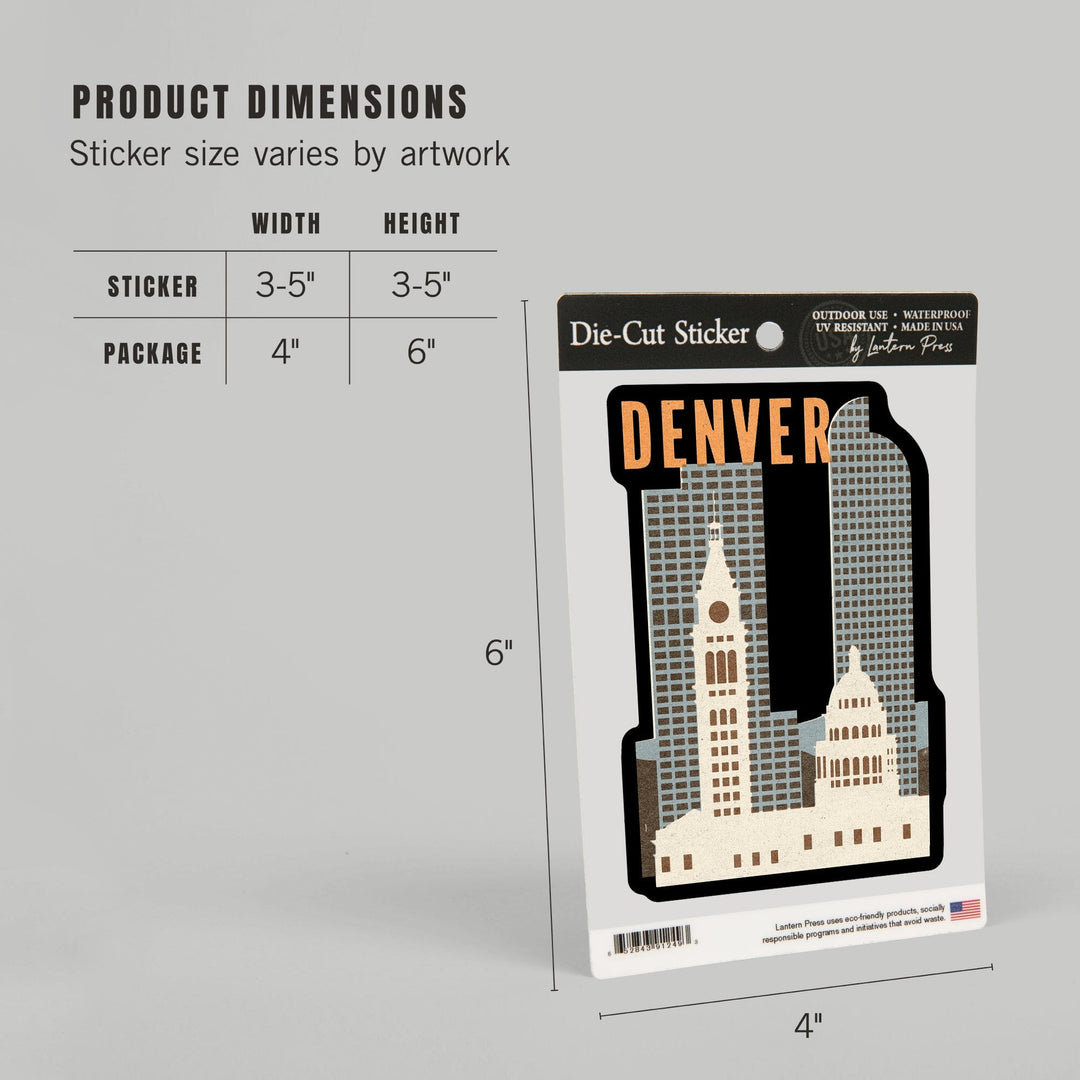 Denver, Colorado, Woodblock, Contour, Lantern Press Artwork, Vinyl Sticker Sticker Lantern Press 