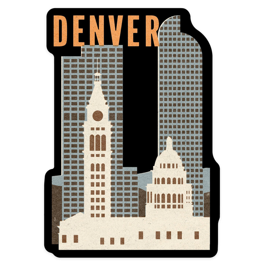 Denver, Colorado, Woodblock, Contour, Lantern Press Artwork, Vinyl Sticker Sticker Lantern Press 