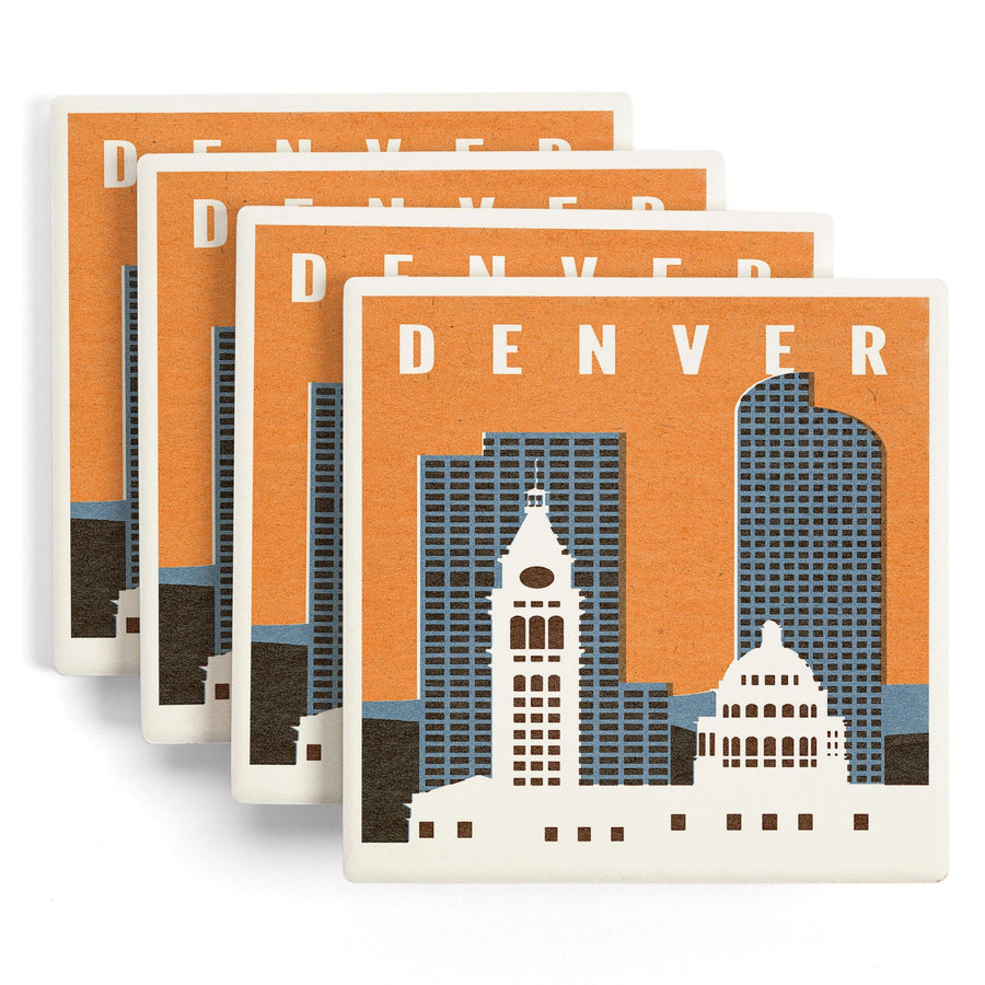 Denver, Colorado, Woodblock, Lantern Press Artwork, Coaster Set - Lantern Press