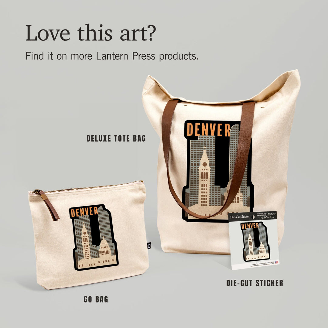 Denver, Colorado, Woodblock,, Organic Cotton Zipper Pouch, Go Bag Go Bag Lantern Press 