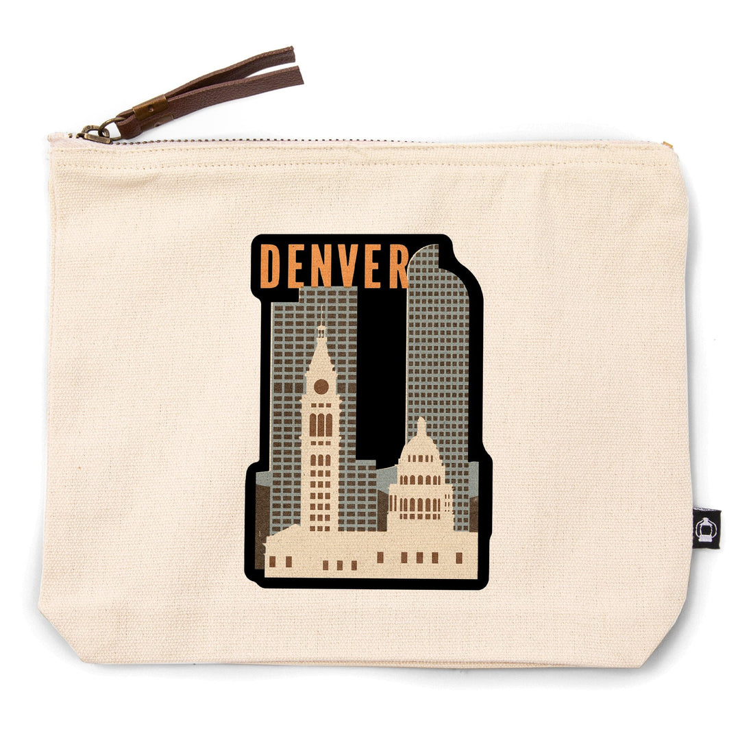 Denver, Colorado, Woodblock,, Organic Cotton Zipper Pouch, Go Bag Go Bag Lantern Press 