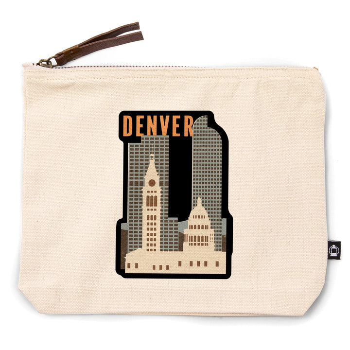 Denver, Colorado, Woodblock,, Organic Cotton Zipper Pouch, Go Bag Go Bag Lantern Press 