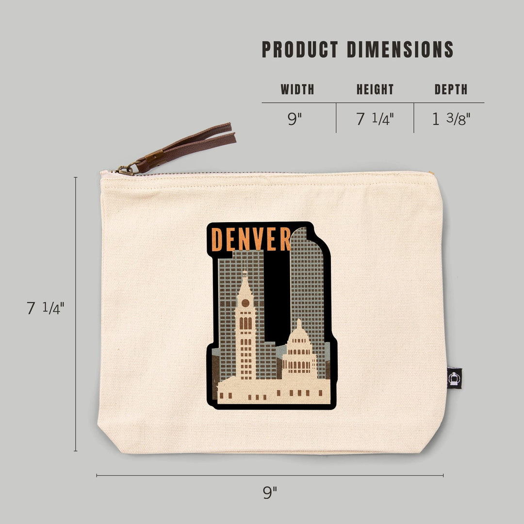 Denver, Colorado, Woodblock,, Organic Cotton Zipper Pouch, Go Bag Go Bag Lantern Press 