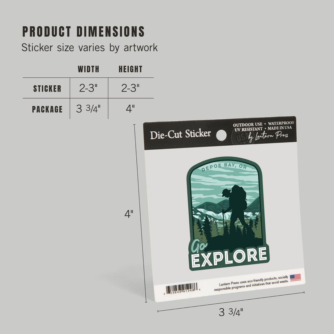 Depoe Bay, OR, Go Explore, Hiker, Contour, Vinyl Sticker - Lantern Press