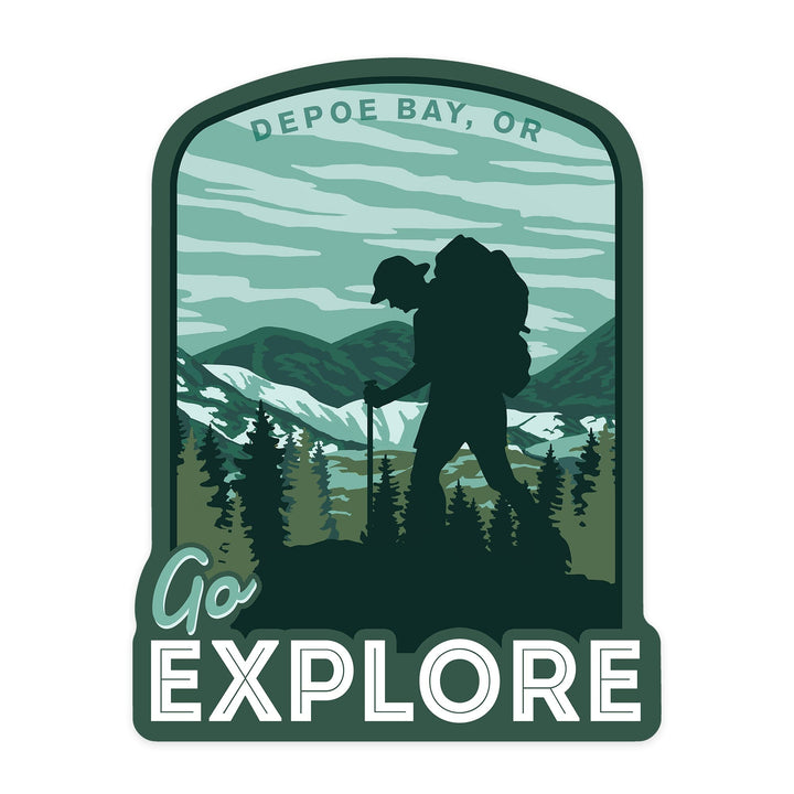 Depoe Bay, OR, Go Explore, Hiker, Contour, Vinyl Sticker - Lantern Press