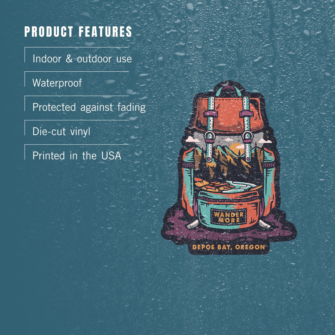 Depoe Bay, OR, Wander More, Backpack, Distressed Vector, Contour, Vinyl Sticker - Lantern Press