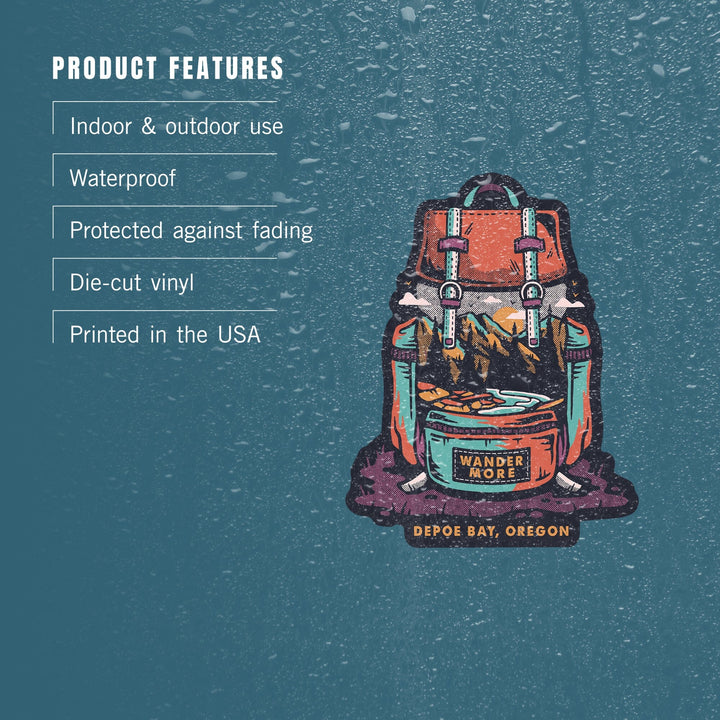 Depoe Bay, OR, Wander More, Backpack, Distressed Vector, Contour, Vinyl Sticker - Lantern Press