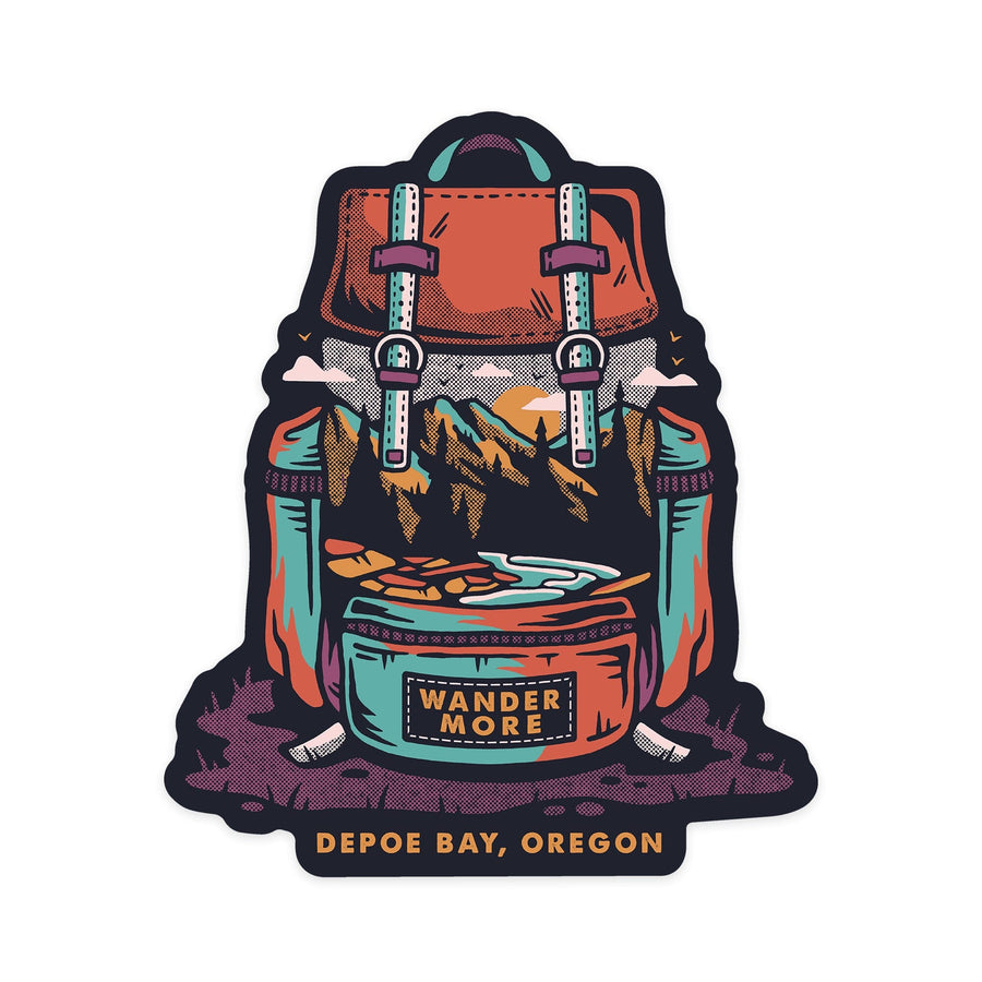 Depoe Bay, OR, Wander More, Backpack, Distressed Vector, Contour, Vinyl Sticker - Lantern Press