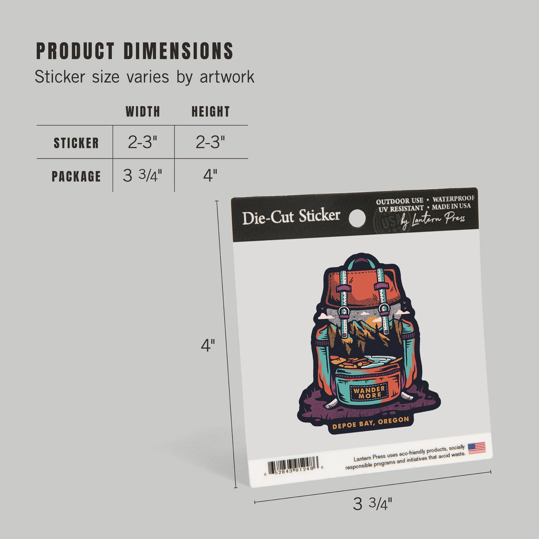 Depoe Bay, OR, Wander More, Backpack, Distressed Vector, Contour, Vinyl Sticker - Lantern Press