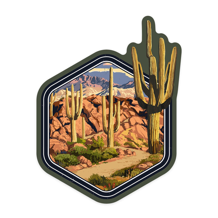 Desert Cactus Trail Scene at Sunset, Contour, Vinyl Sticker Sticker Lantern Press 