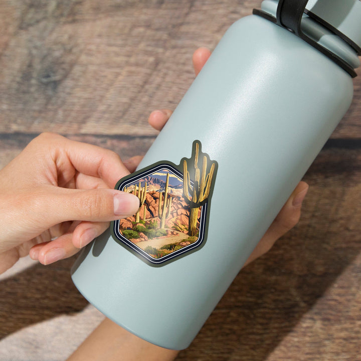 Desert Cactus Trail Scene at Sunset, Contour, Vinyl Sticker Sticker Lantern Press 