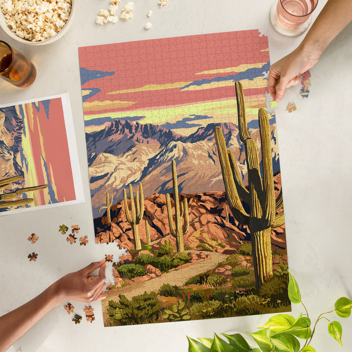 Desert Cactus Trail Scene at Sunset, Jigsaw Puzzle Puzzle Lantern Press 