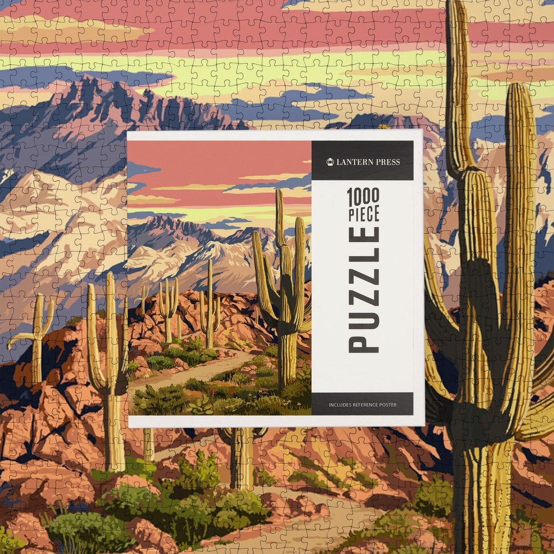 Desert Cactus Trail Scene at Sunset, Jigsaw Puzzle Puzzle Lantern Press 
