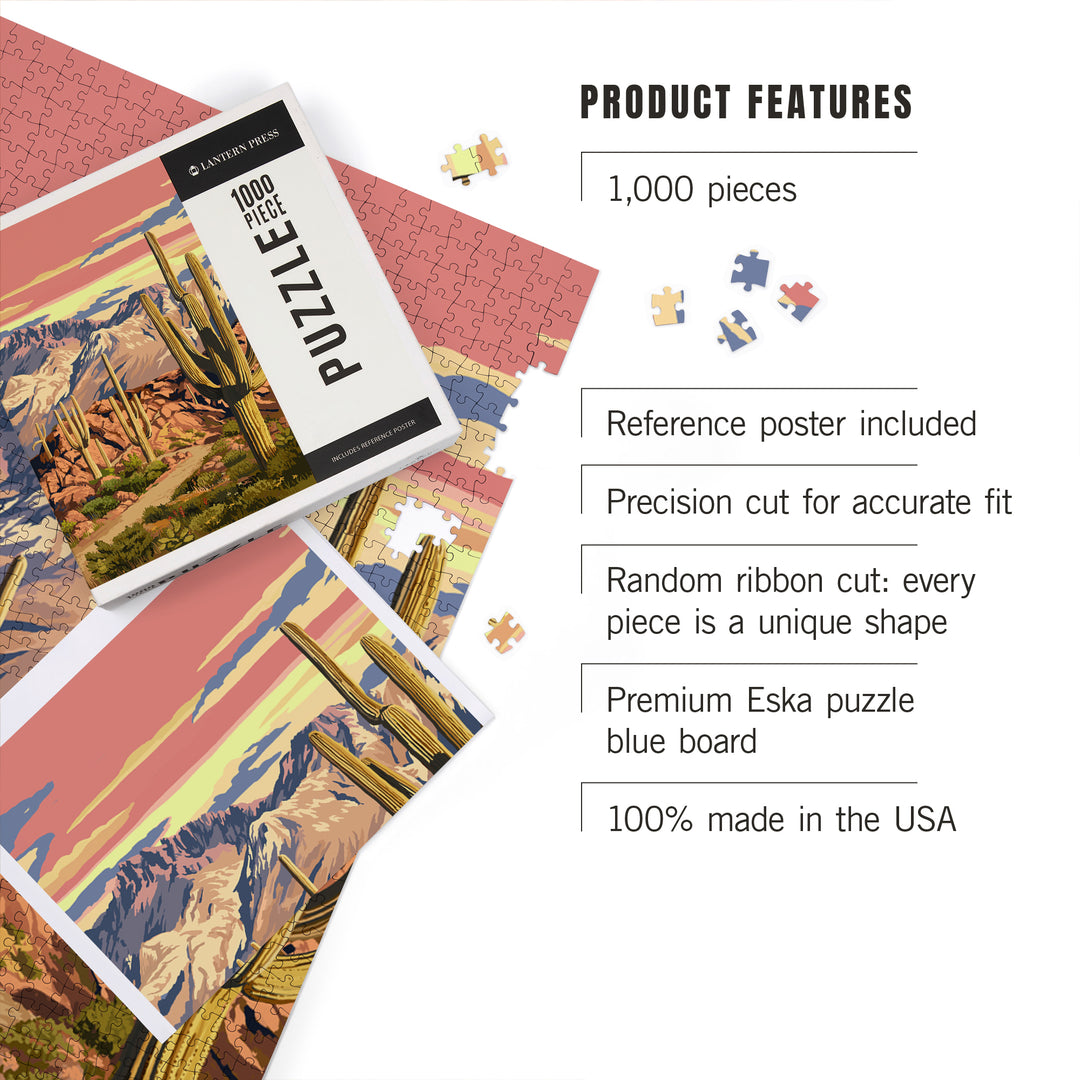 Desert Cactus Trail Scene at Sunset, Jigsaw Puzzle Puzzle Lantern Press 