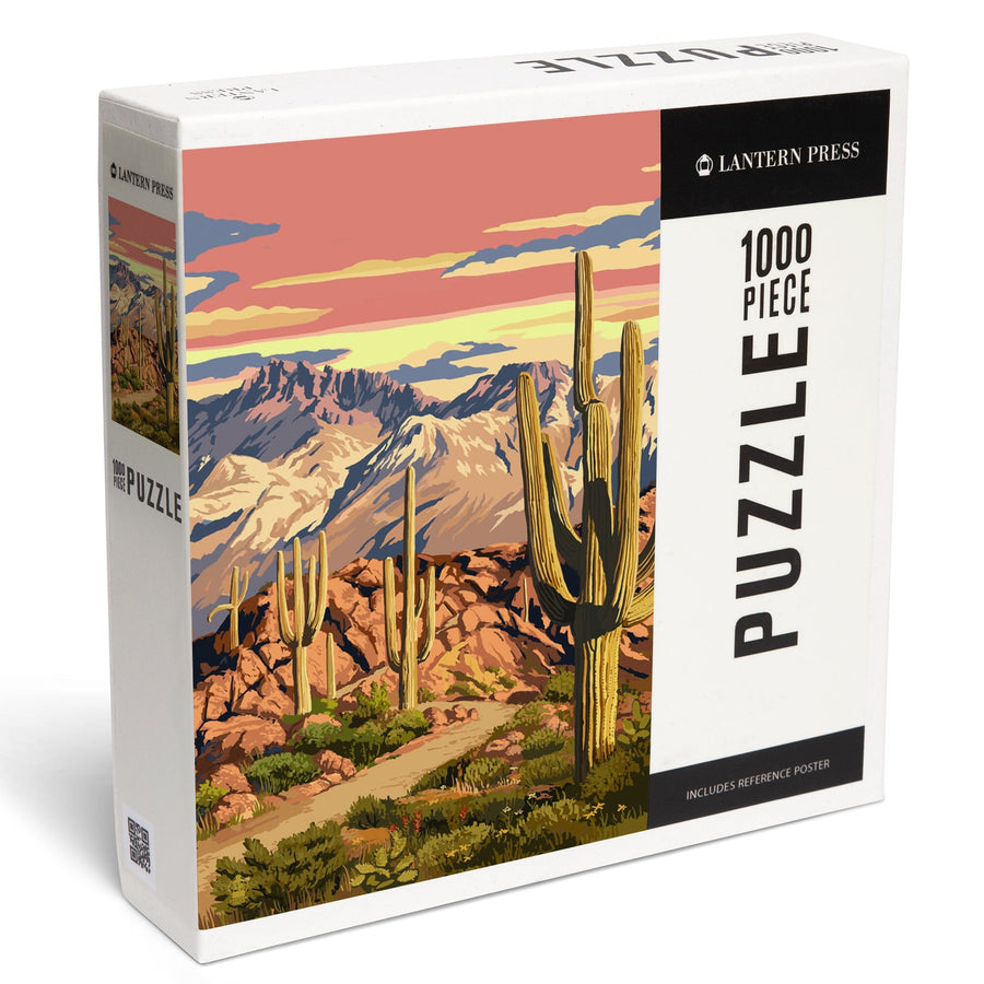 Desert Cactus Trail Scene at Sunset, Jigsaw Puzzle Puzzle Lantern Press 