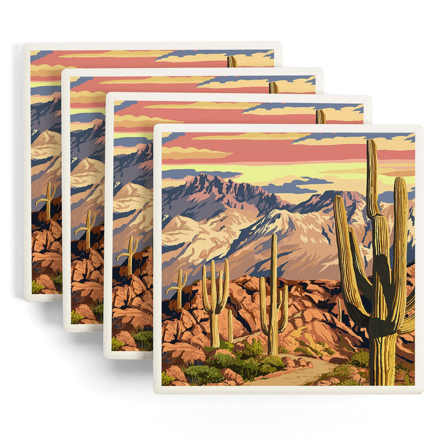 Desert Cactus Trail Scene at Sunset, Lantern Press Artwork, Coaster Set - Lantern Press