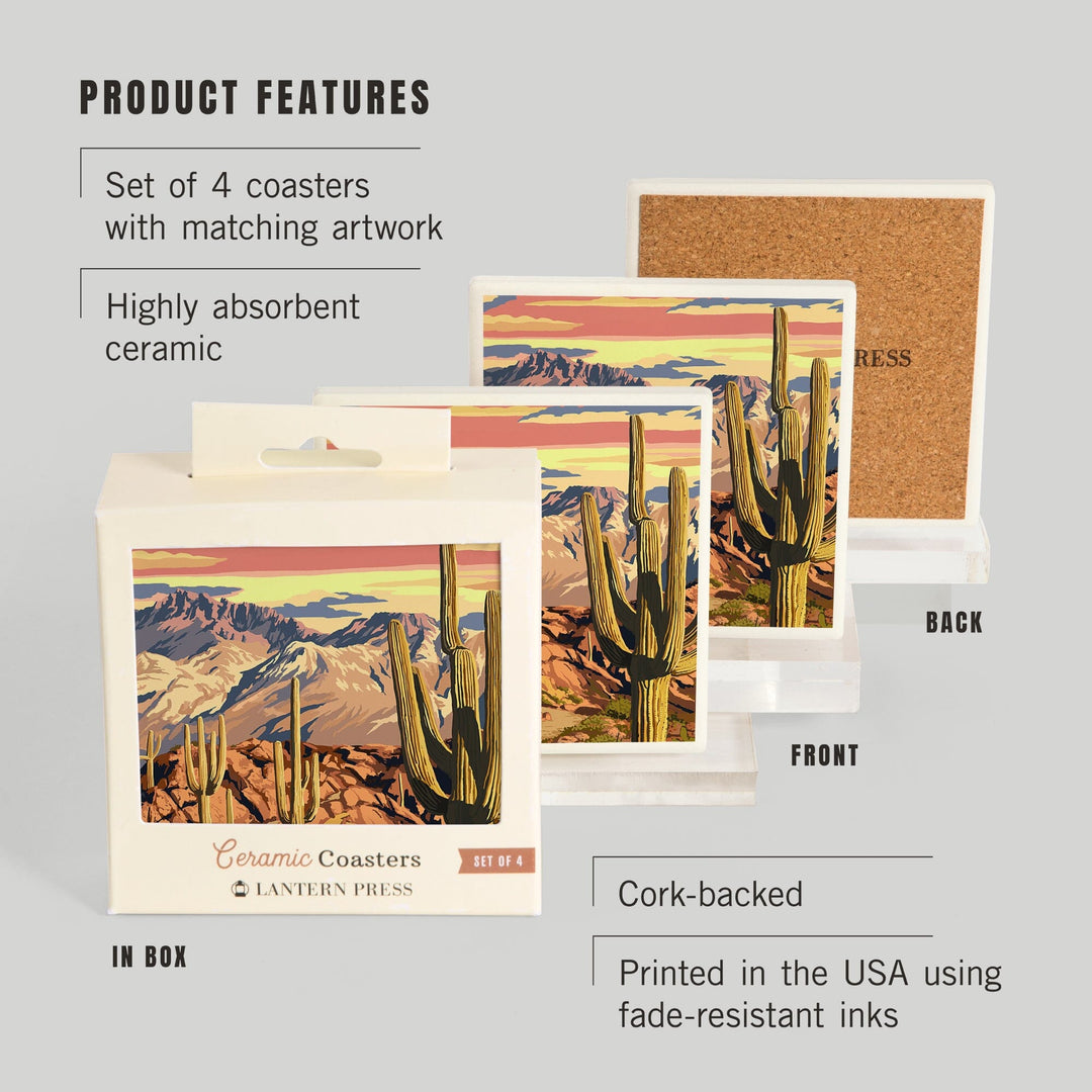 Desert Cactus Trail Scene at Sunset, Lantern Press Artwork, Coaster Set - Lantern Press