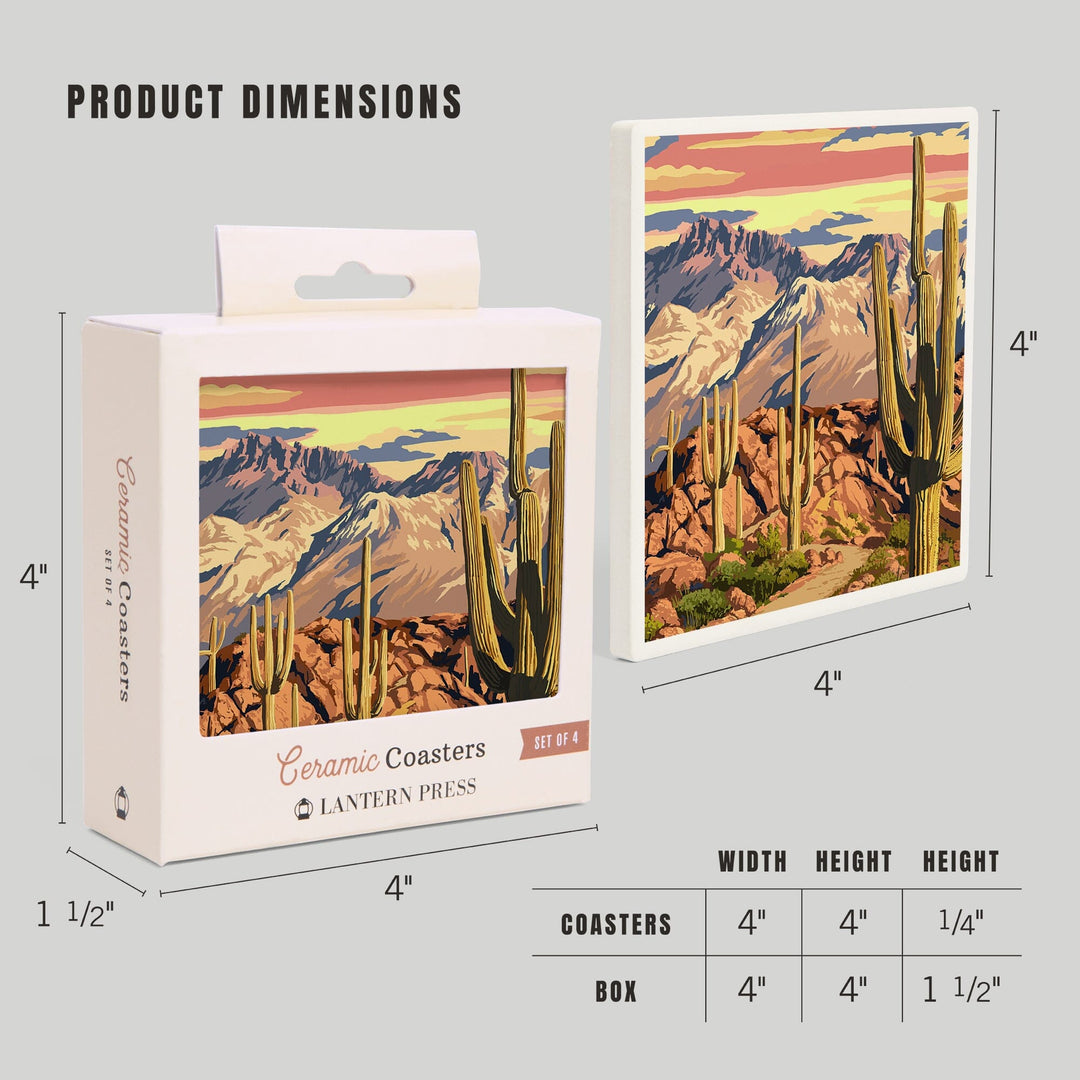 Desert Cactus Trail Scene at Sunset, Lantern Press Artwork, Coaster Set - Lantern Press