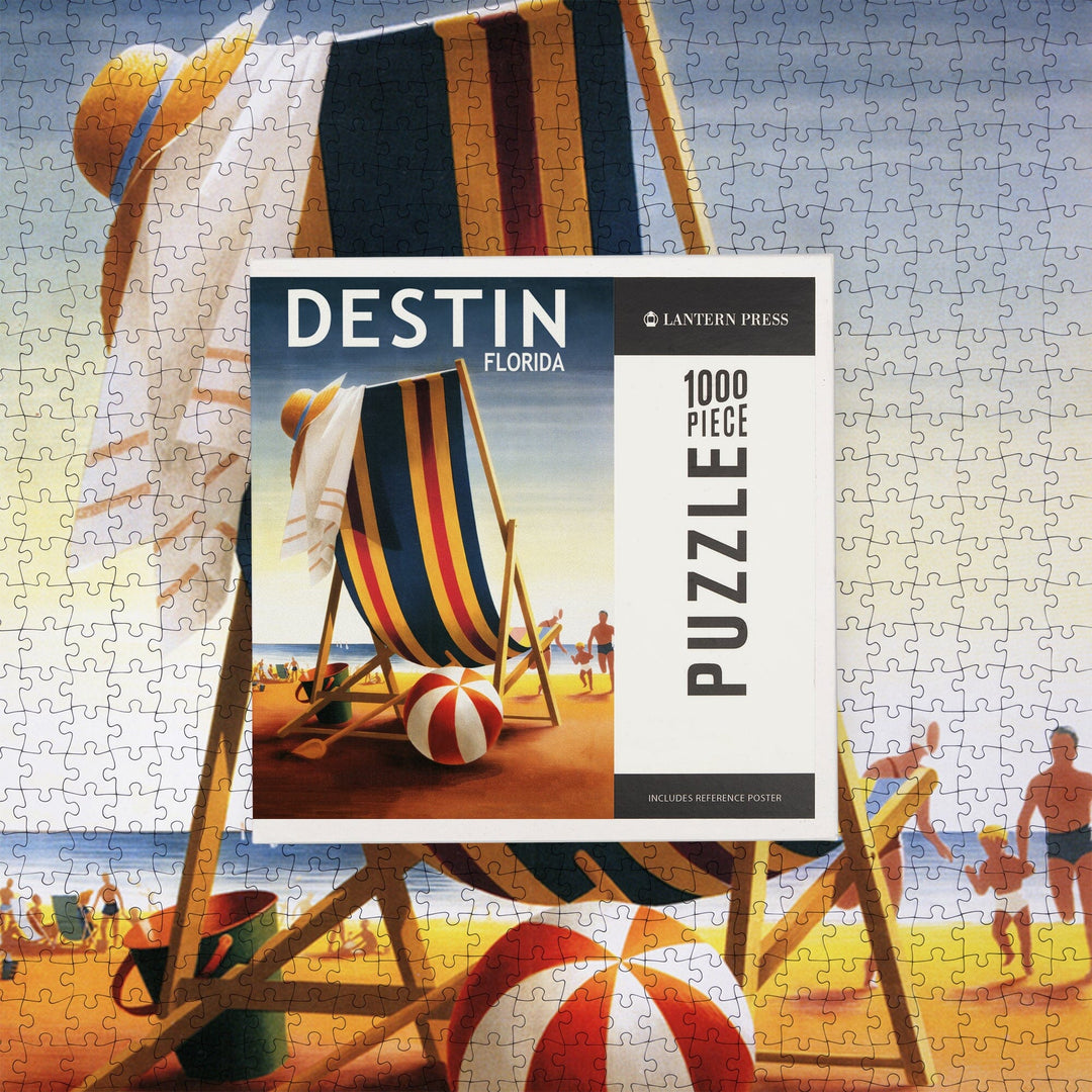 Destin, Florida, Beach Chair and Ball, Jigsaw Puzzle Puzzle Lantern Press 