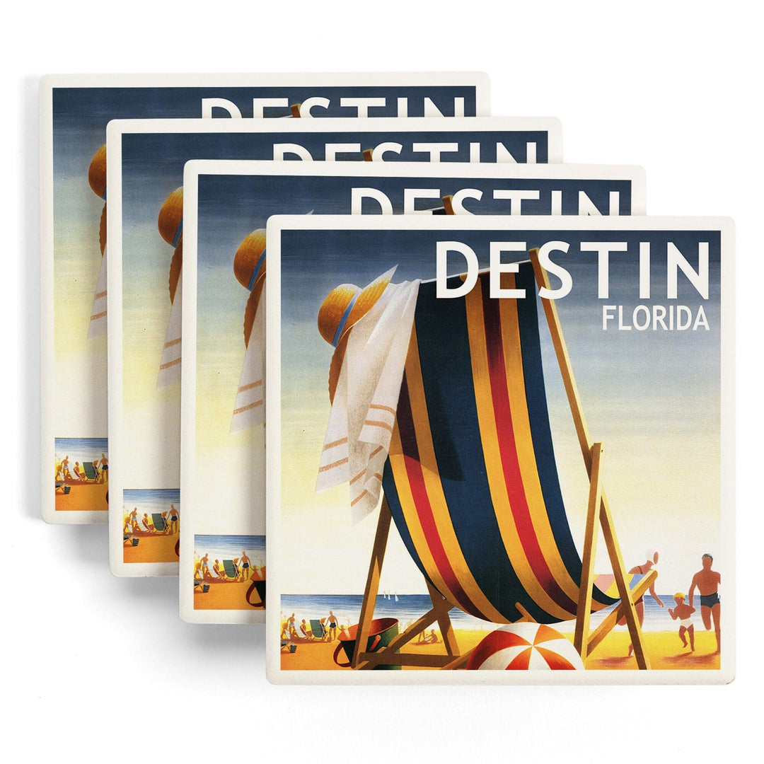 Destin, Florida, Beach Chair & Ball, Lantern Press Artwork, Coaster Set - Lantern Press