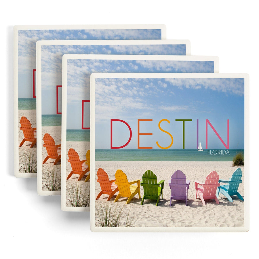 Destin, Florida, Colorful Beach Chairs, Lantern Press Photography, Coaster Set - Lantern Press