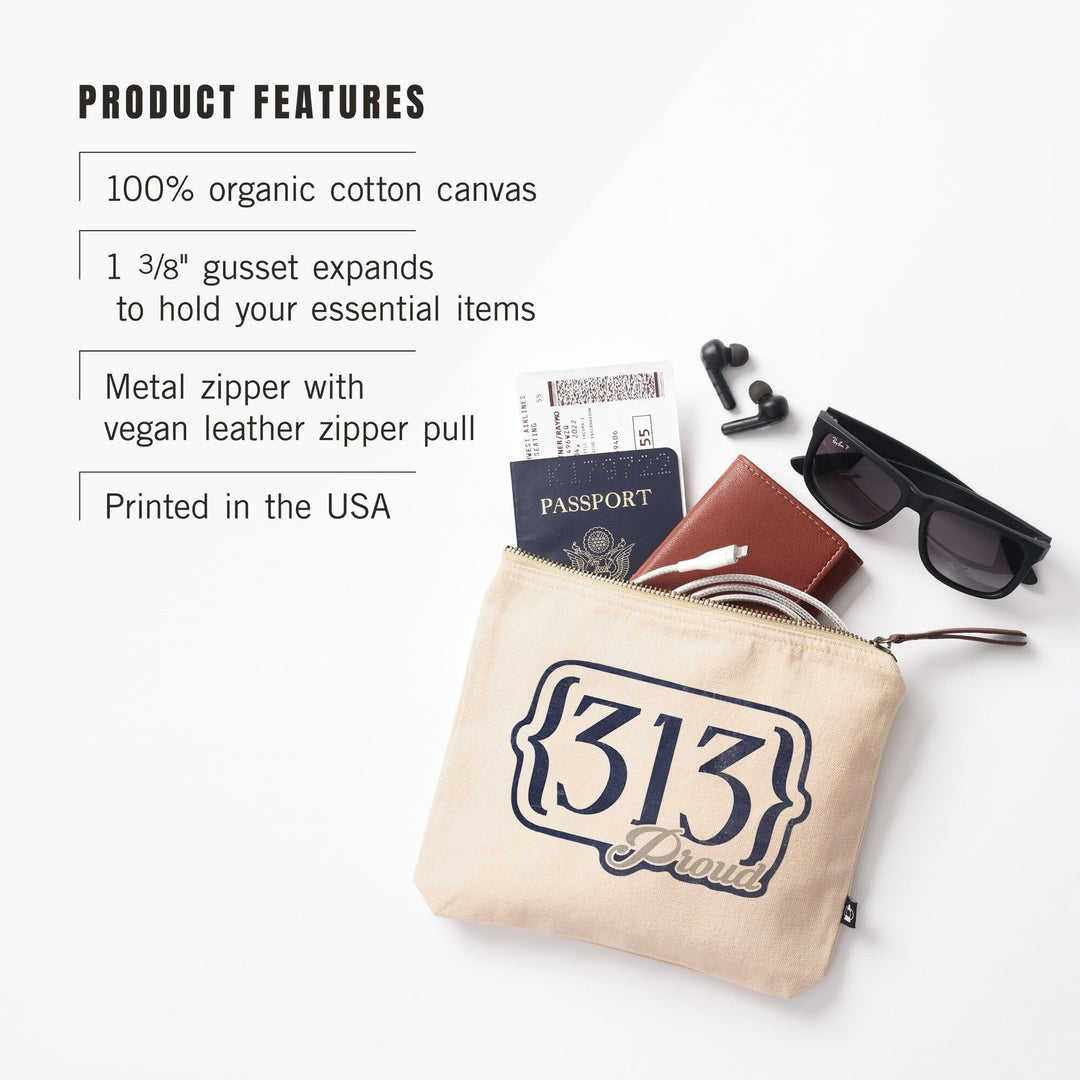 Detroit, Michigan, Area Code Proud,, Organic Cotton Zipper Pouch, Go Bag Go Bag Lantern Press 