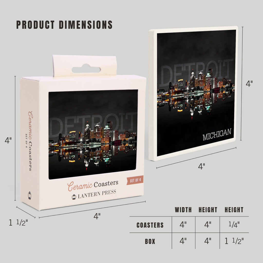 Detroit, Michigan, City at Night, Lantern Press Photography, Coaster Set - Lantern Press