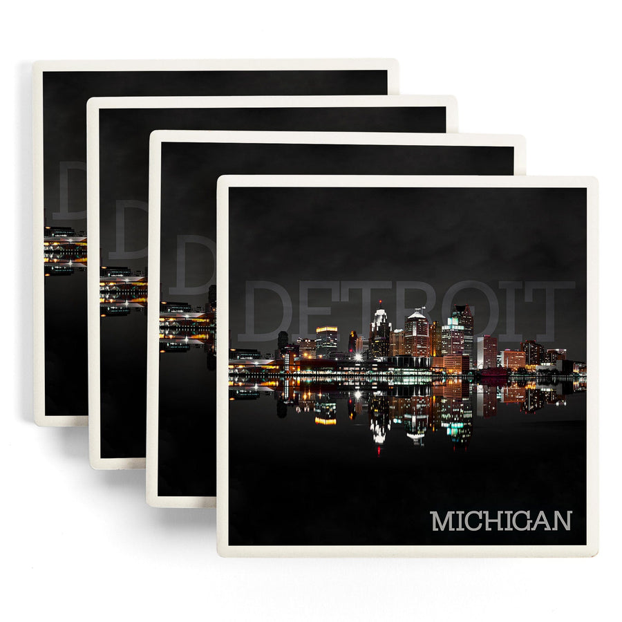 Detroit, Michigan, City at Night, Lantern Press Photography, Coaster Set - Lantern Press