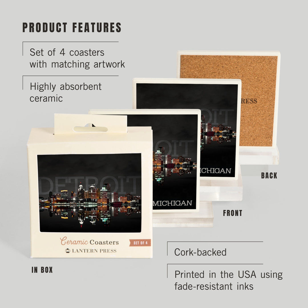 Detroit, Michigan, City at Night, Lantern Press Photography, Coaster Set - Lantern Press