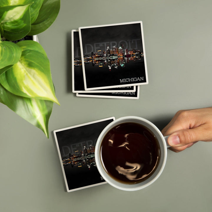 Detroit, Michigan, City at Night, Lantern Press Photography, Coaster Set - Lantern Press