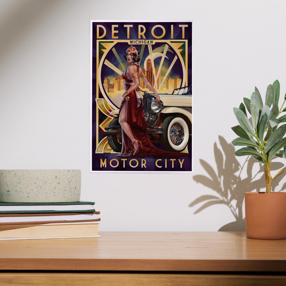 Detroit, Michigan, Deco Woman and Car, Art & Giclee Prints Art Lantern Press 