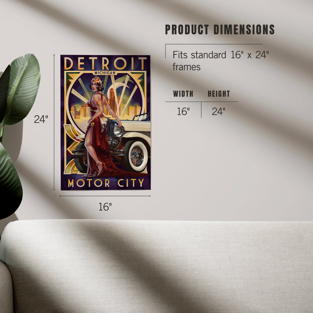 Detroit, Michigan, Deco Woman and Car, Art & Giclee Prints Art Lantern Press 