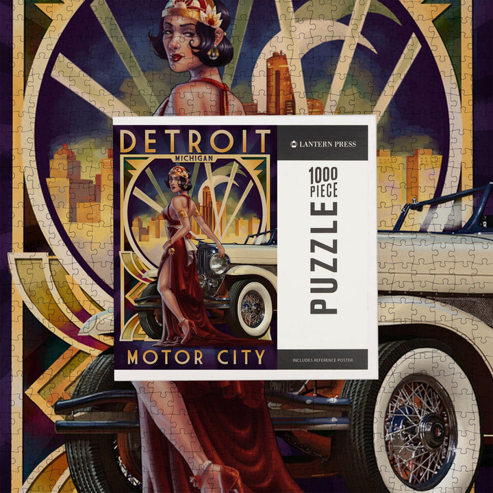 Detroit, Michigan, Deco Woman and Car, Jigsaw Puzzle Puzzle Lantern Press 