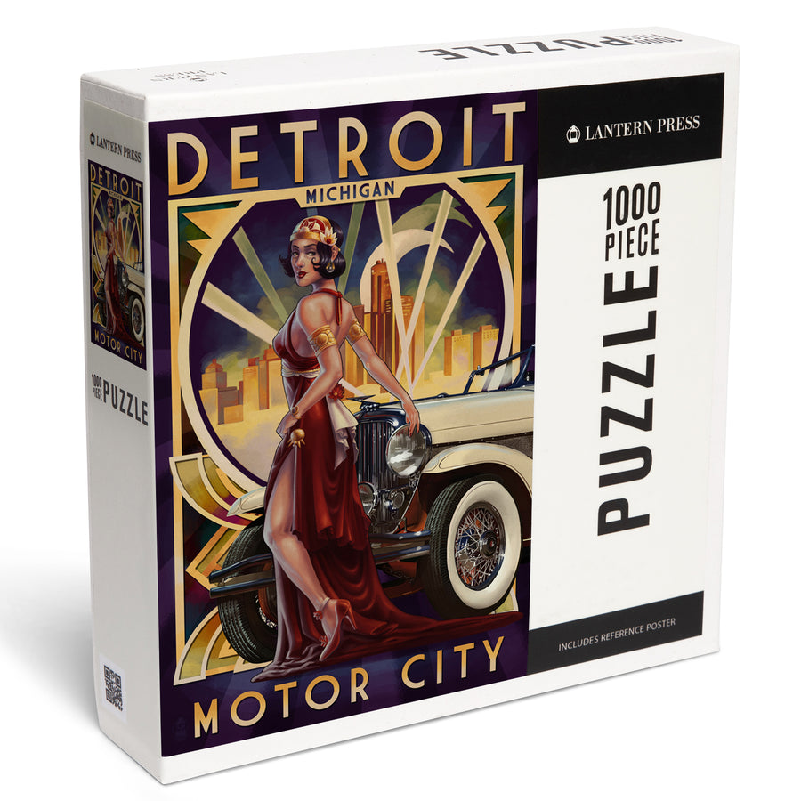 Detroit, Michigan, Deco Woman and Car, Jigsaw Puzzle Puzzle Lantern Press 