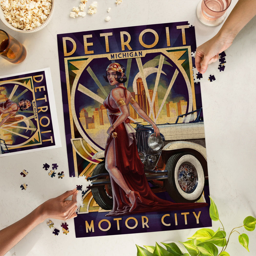 Detroit, Michigan, Deco Woman and Car, Jigsaw Puzzle Puzzle Lantern Press 