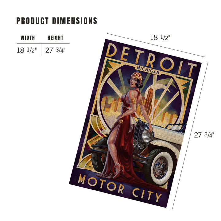 Detroit, Michigan, Deco Woman and Car, Jigsaw Puzzle Puzzle Lantern Press 