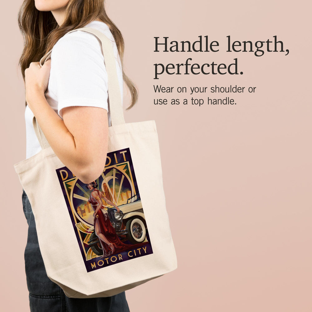 Detroit, Michigan, Deco Woman and Car, Tote Bag Totes Lantern Press 