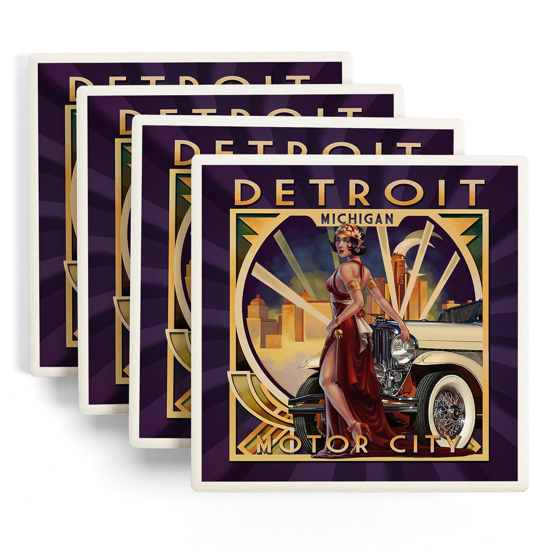 Detroit, Michigan, Deco Woman & Car, Lantern Press Artwork, Coaster Set - Lantern Press