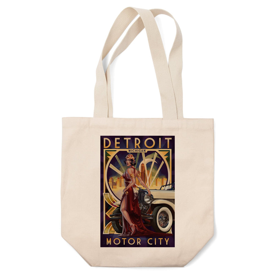 Detroit, Michigan, Deco Woman & Car, Lantern Press Artwork, Tote Bag Totes Lantern Press 