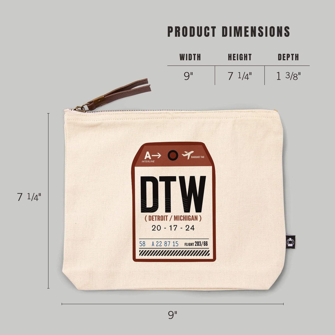 Detroit, Michigan, DTW, Luggage Tag,, Organic Cotton Zipper Pouch, Go Bag Go Bag Lantern Press 