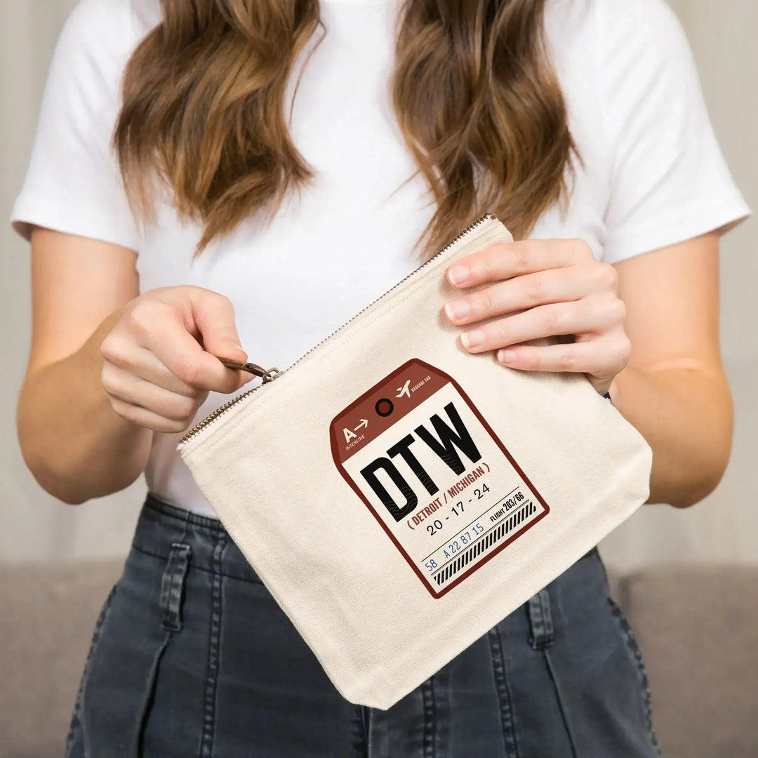 Detroit, Michigan, DTW, Luggage Tag,, Organic Cotton Zipper Pouch, Go Bag Go Bag Lantern Press 
