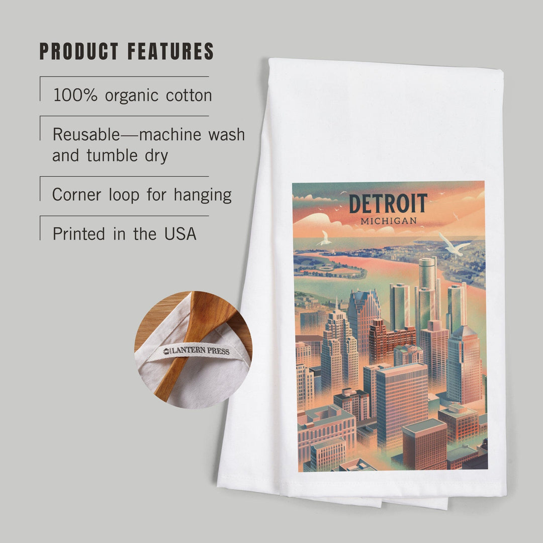 Detroit, Michigan, Lithograph City Series, Organic Cotton Kitchen Tea Towels Kitchen Lantern Press 