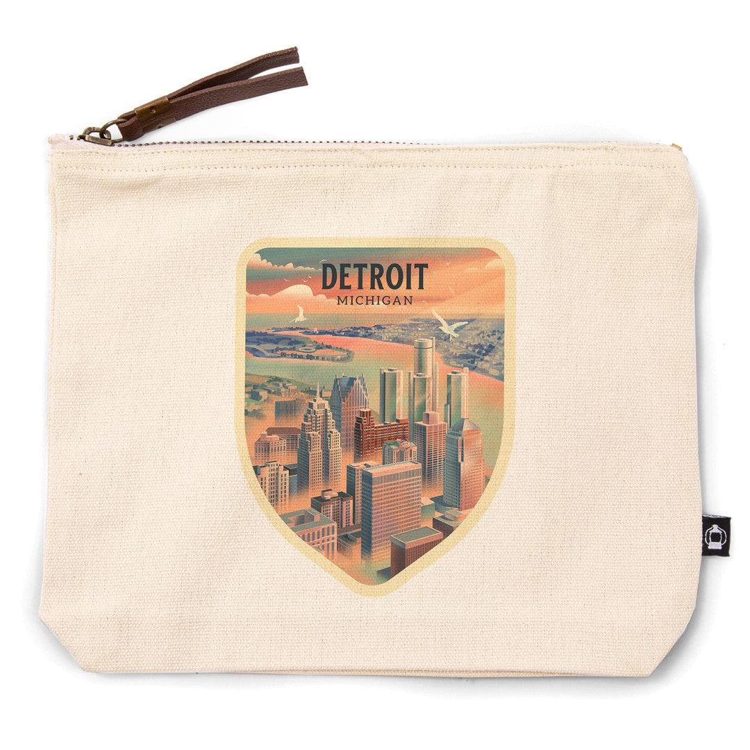 Detroit, Michigan, Lithograph City Series,, Organic Cotton Zipper Pouch, Go Bag Go Bag Lantern Press 