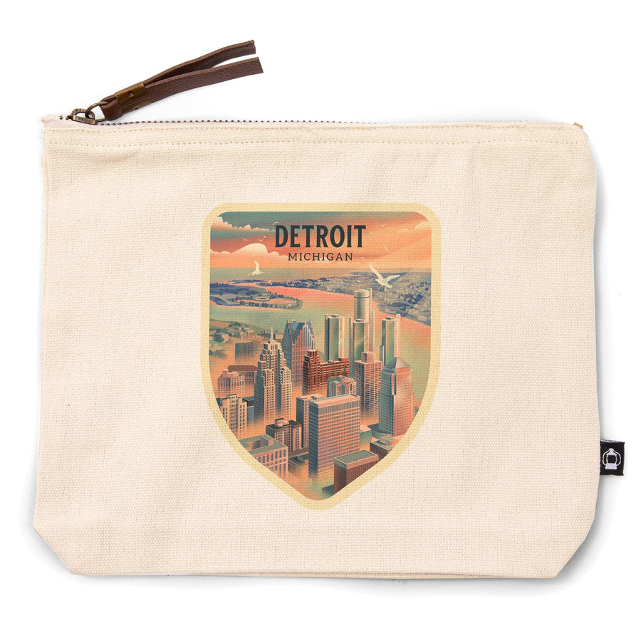Detroit, Michigan, Lithograph City Series,, Organic Cotton Zipper Pouch, Go Bag Go Bag Lantern Press 